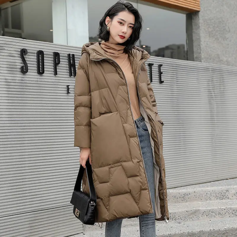 Winter 2021 new down jacket women's long wide version large size hooded white duck down warm coat for cold weather fat girls
