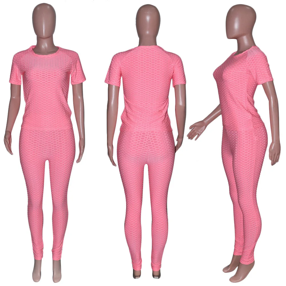 

2021 spring new fashion solid color leisure sports two piece loose o-neck short sleeve T-shirt and pants women's suit