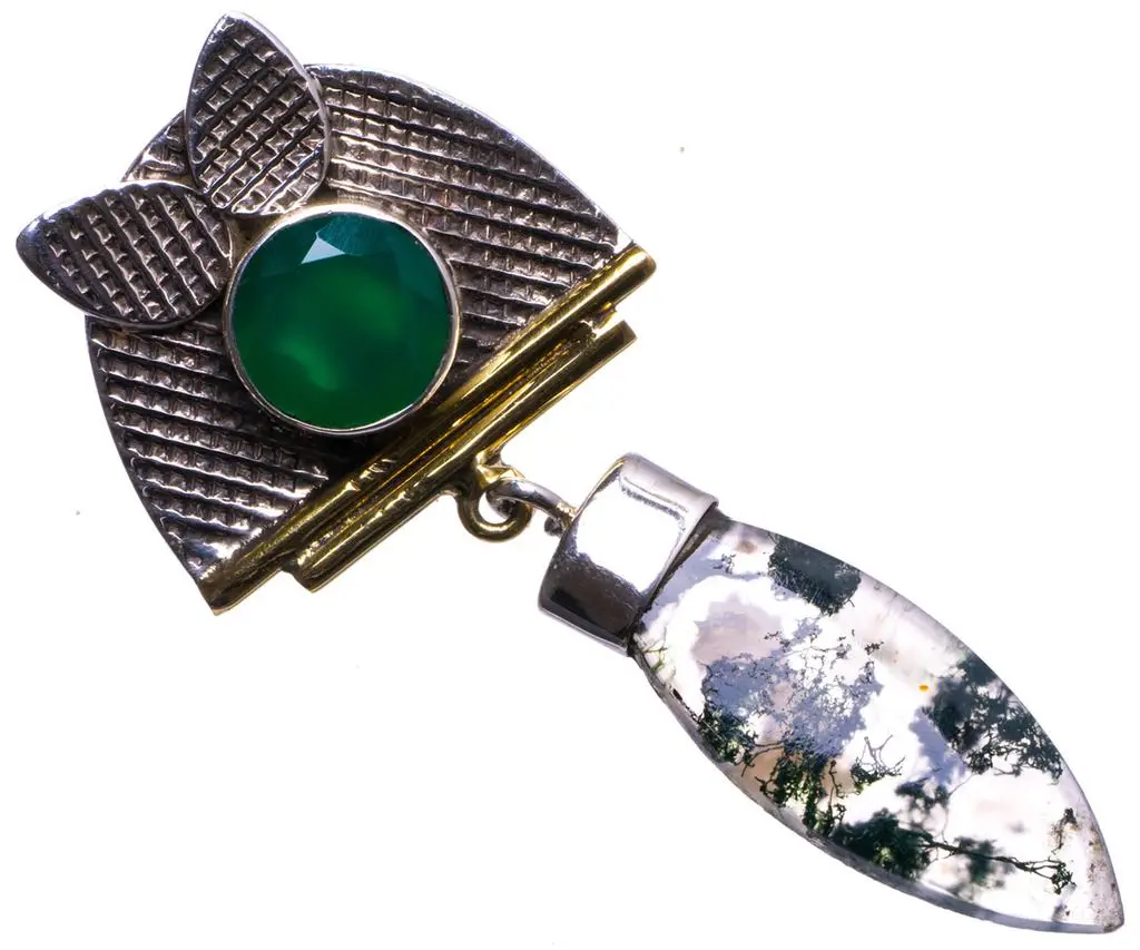 Натуральный Мох агата и Chrysoprase уникальная серебряная подвеска ручной работы в