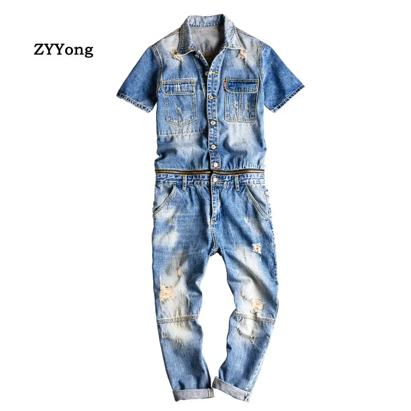 Комбинезон джинсовый мужской с коротким рукавом в стиле хип-хоп светло-голубой |