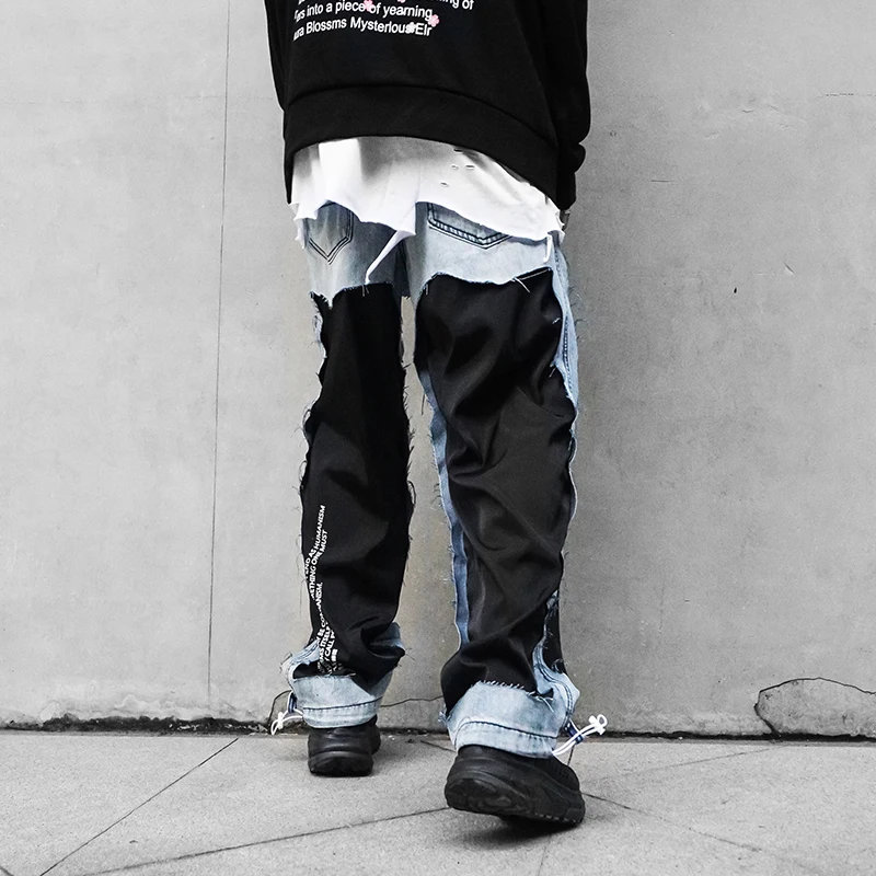 Рваные джинсы Лоскутные хип хоп свободные длинные прямые брюки мужские новые
