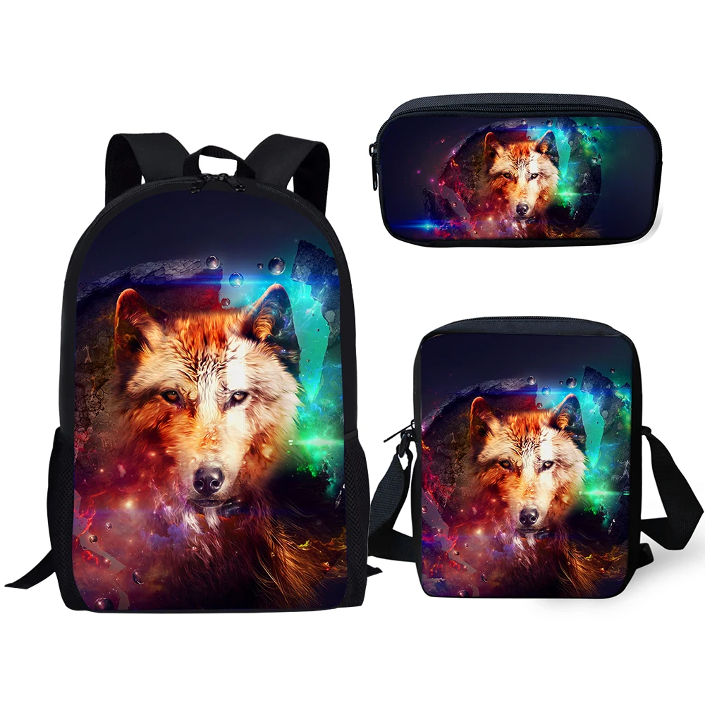HaoYun Fashion Kids Backpacks Set Moon Wolf Pattern School Bags Cartoon Animal Students 3PCs/Set Backpack/Flaps Bag/Pen Bags