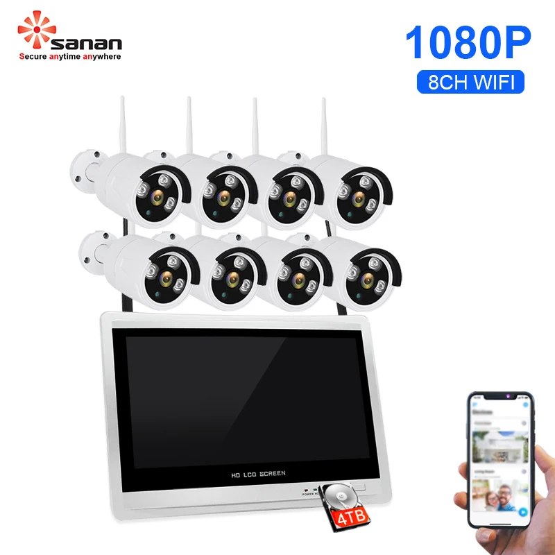 Sanan 8CH 1080P Беспроводной NVR комплект 12," ЖК монитор камера безопасности система Wifi Водонепроницаемая камера безопасности комплект наблюдения комплект