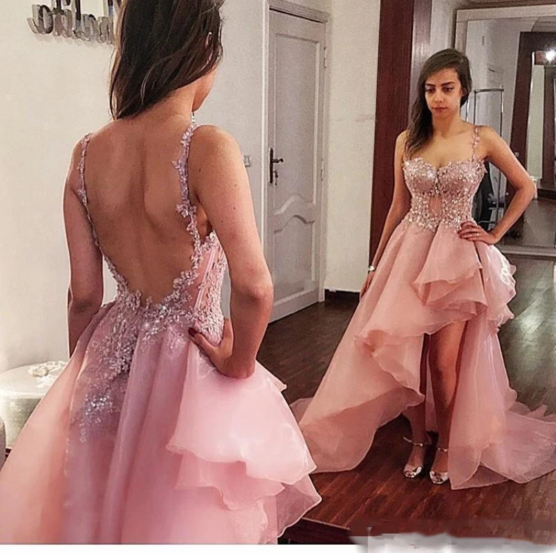 

2020 Dusty Pink High Low Prom Dresses Organza Backless Evening Dress Sexy Custom Made Spaghetti Straps Cocktail Party Dresses