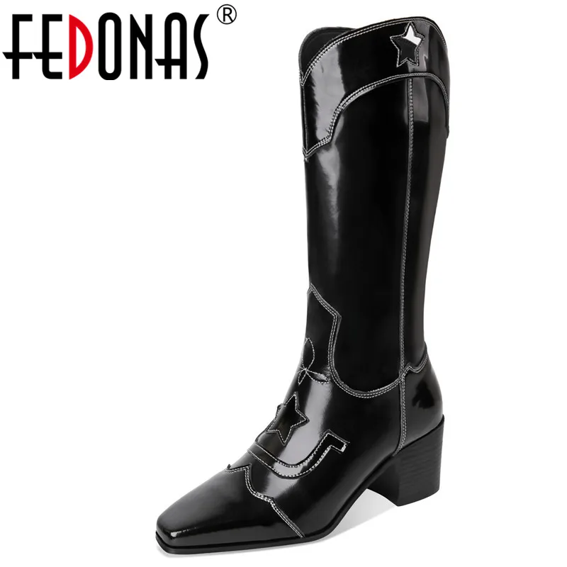 Женские ботинки FEDONAS черные из натуральной кожи на высоком каблуке для вечеринок