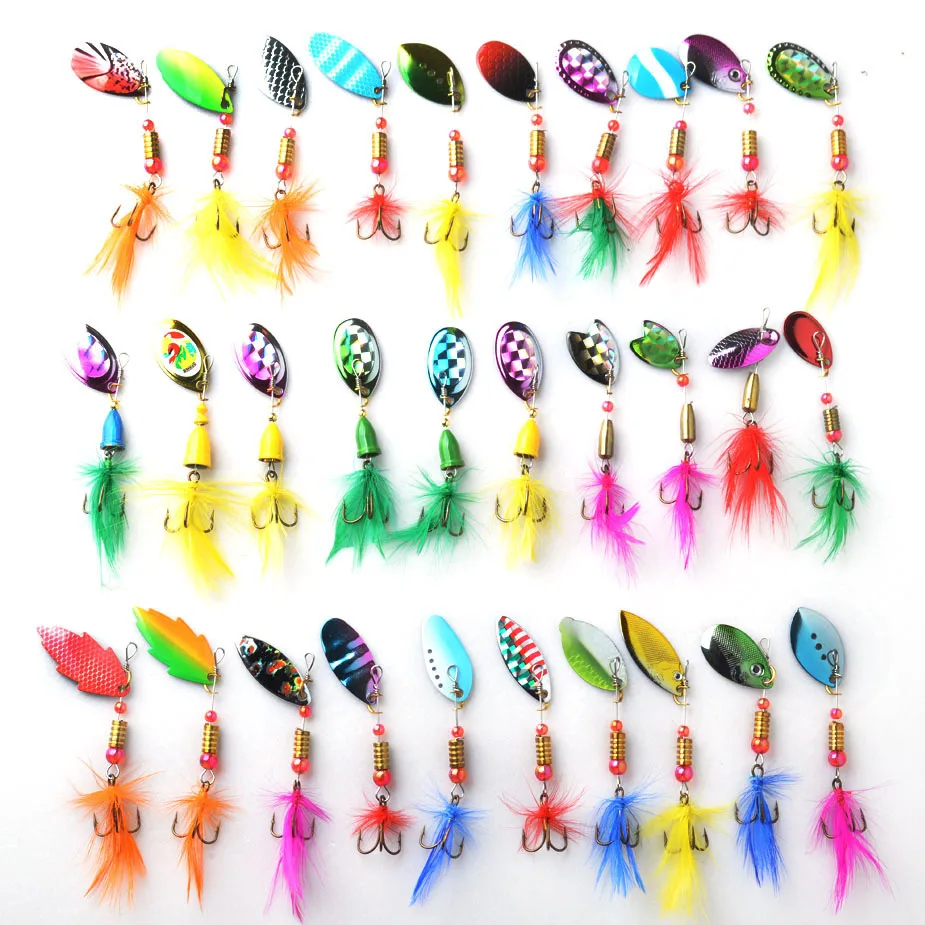

30pcs/lot Fishing Spoon Hard Lures Spinner Bait feather Fishing Wobbler Metal Baits Spinnerbait Isca Artificial Free With Box