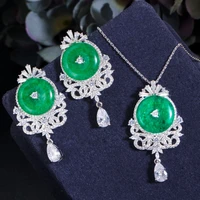 threegraces natural green cubic zirconia vintage dangling pendant necklaces and earrings set for women cz fashion jewelry js517