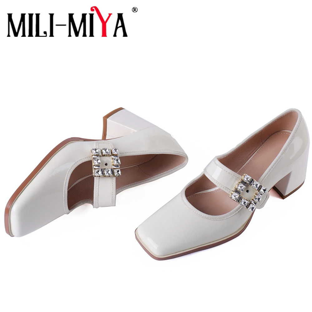 

MILI-MIYA Mary Janes Chunkly Heel Crystal Pumps Patent Leather Rhinestone Women Buckle Strap Elegant Square Toe Dress Shoes