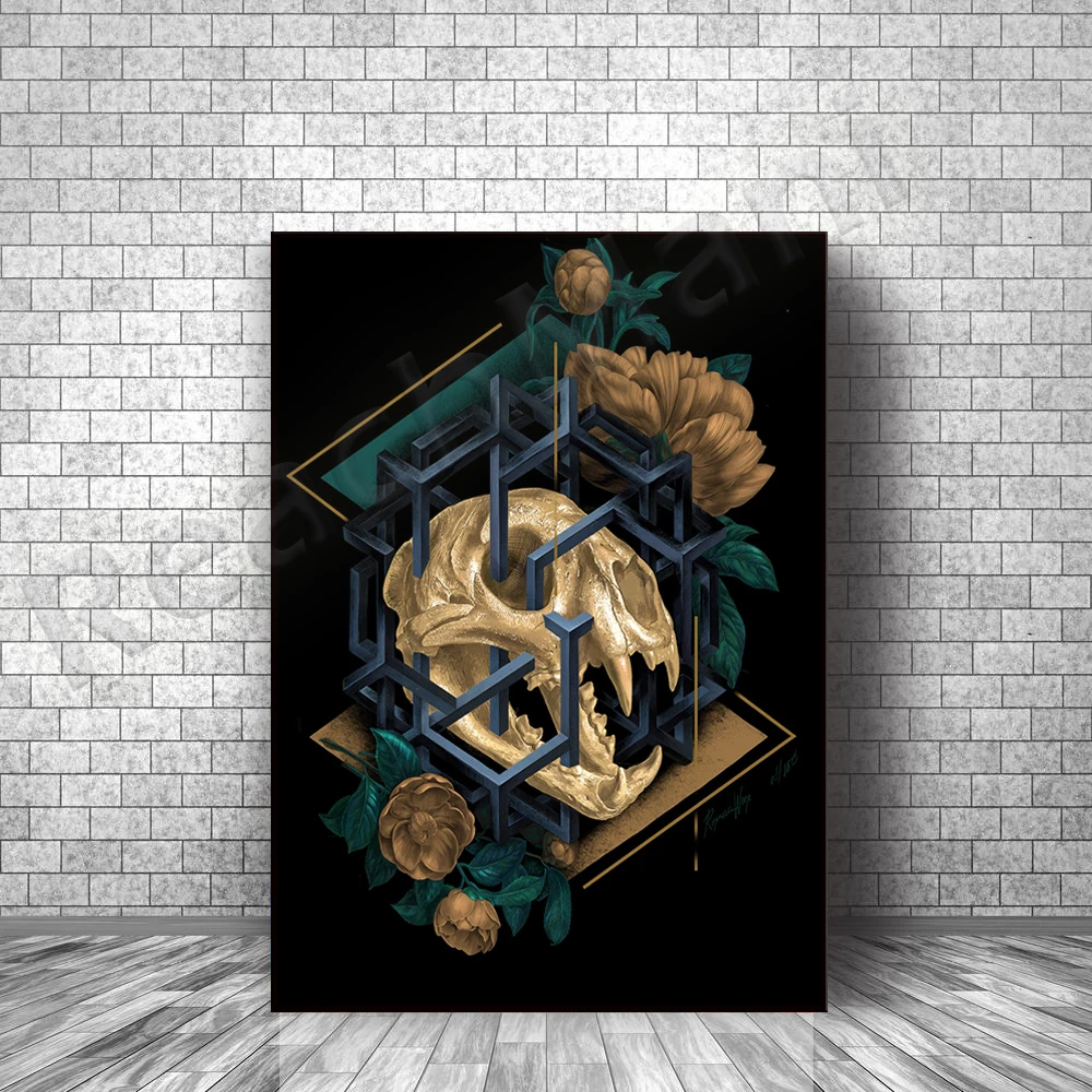 

Tiger skull and flower print, skull print, Art Nouveau, horror art witch gothic gift, dark aesthetics saber tooth wall art decor