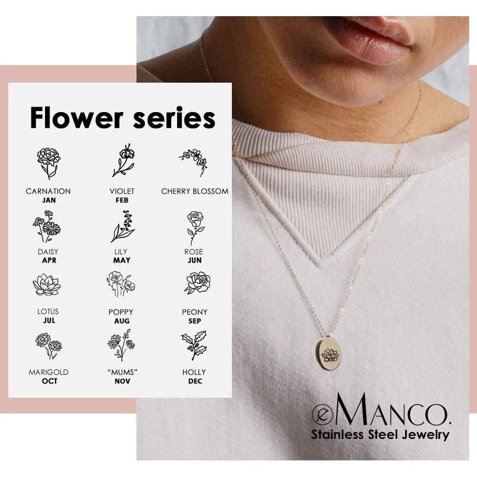 

e-Manco Stainless Steel Oval Design Necklace Plant Birth Flower Pendant Necklace Chain Collar Choker Women Jewelry