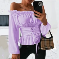 womens autumn solid color off shoulder top sexy slash neck long sleeved lace tight waist tie corset female t shirt autumn 2022