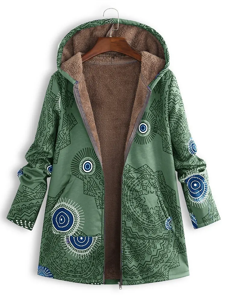 Women Winter Coat Casual Floral Print Hooded Zipper Cotton Womens Coat Vintage Pocket Zipper Loose  Female Outwear