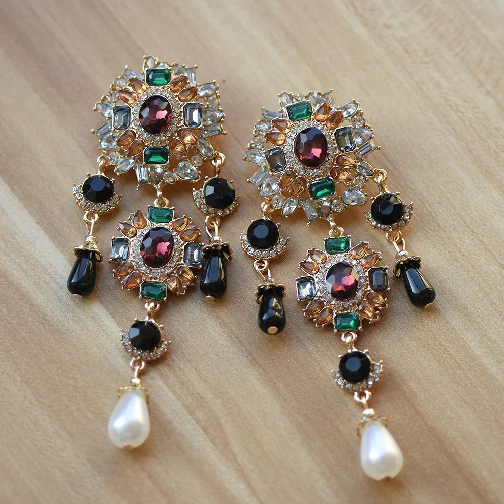 Vinatge Crystal Baroque Large Drop Earring Bohemian Ethnic Colorful Rhinestone Long Statement Dangle Earrings For Women Jewelry | Украшения