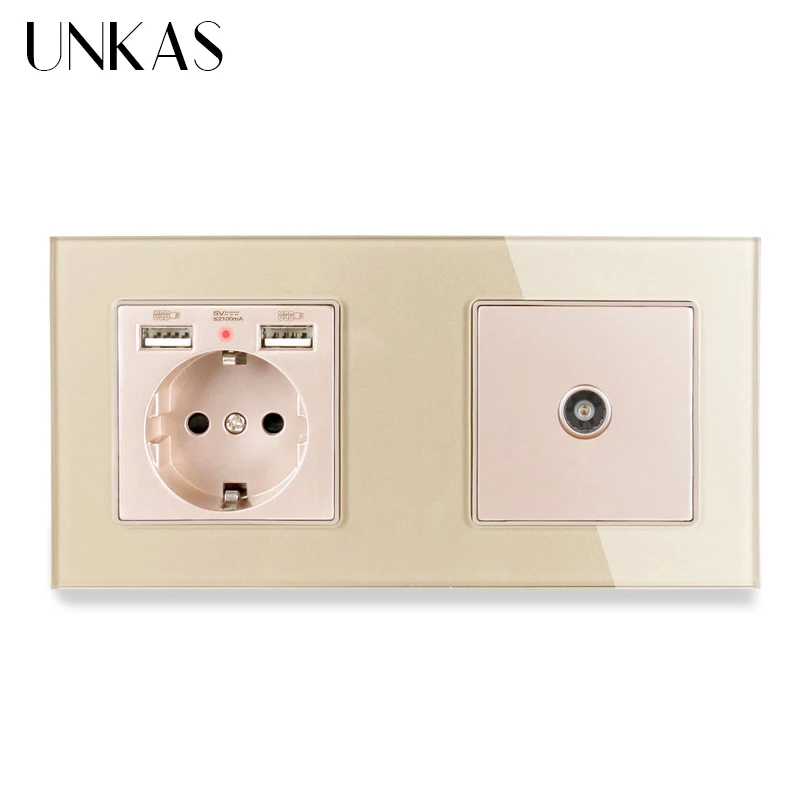 Розетка электрическая UNKAS с 2 USB портами и гнездом для телевизора 172 х86
