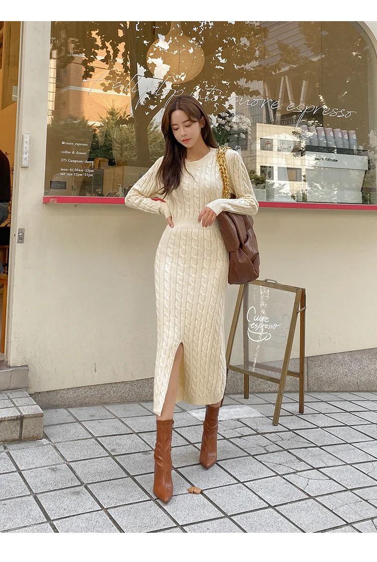 Женское трикотажное платье-свитер с длинным рукавом свободного кроя корейский