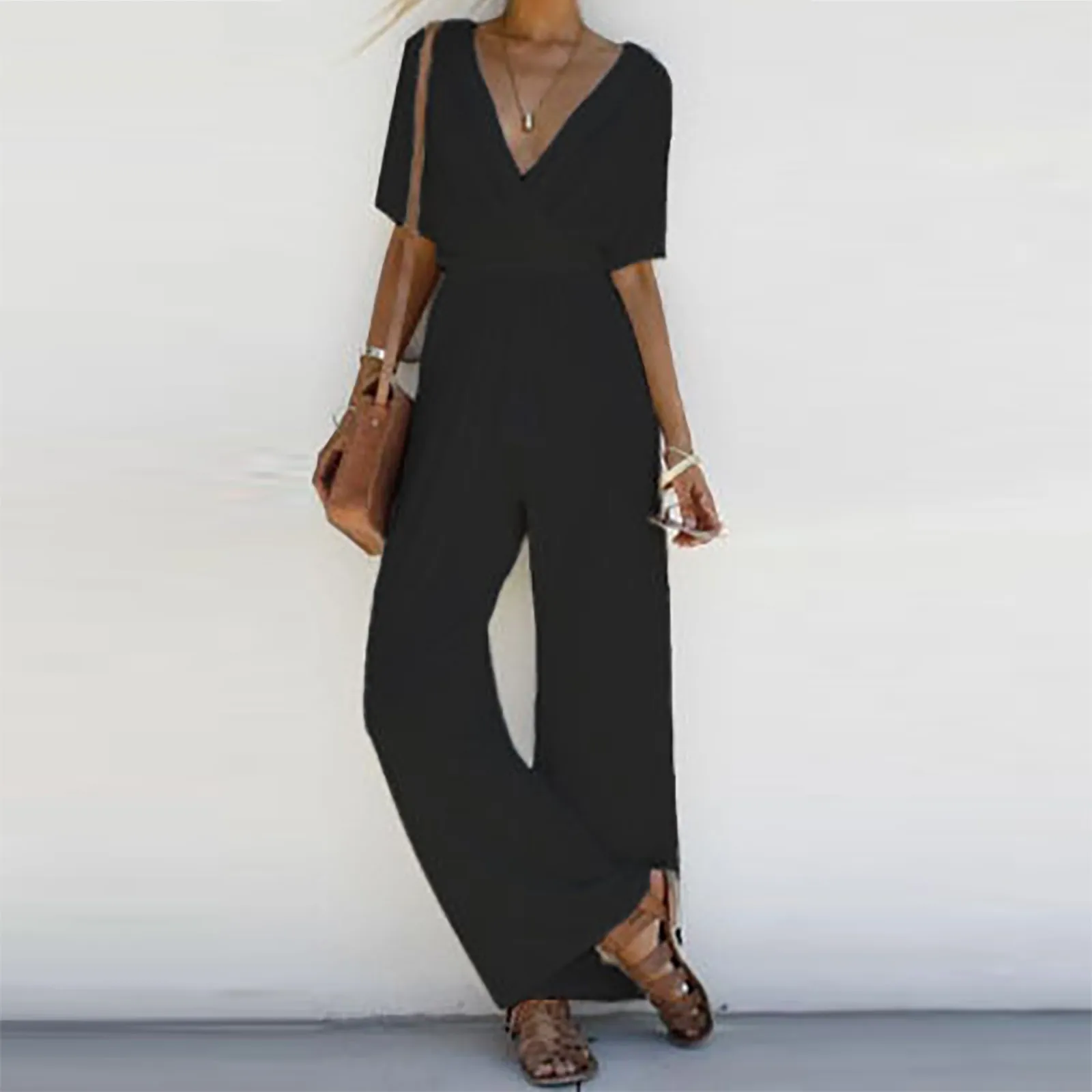 

Женский однотонный комбинезон с V-образным вырезом, повседневный шифоновый комбинезон с широкими штанинами, боди