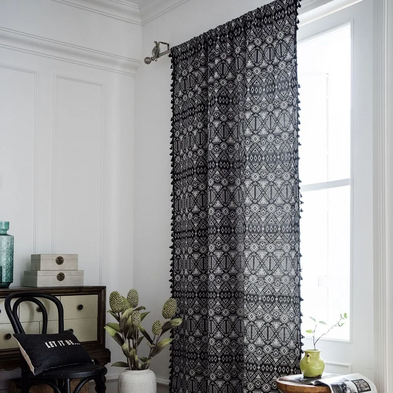 

Black Bohemia Country Style Curtain with Tassel Geometry Curtains for Living Room Bay Window Curtain Panel Semi-blackout Curtain