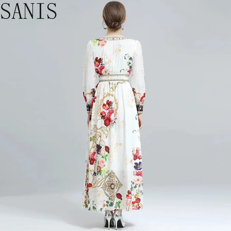 

Sanis Fashion Designer Spring Elegant Party Dress Women Deep V-neck High waist Floral print Vintage Long Vacation Dress