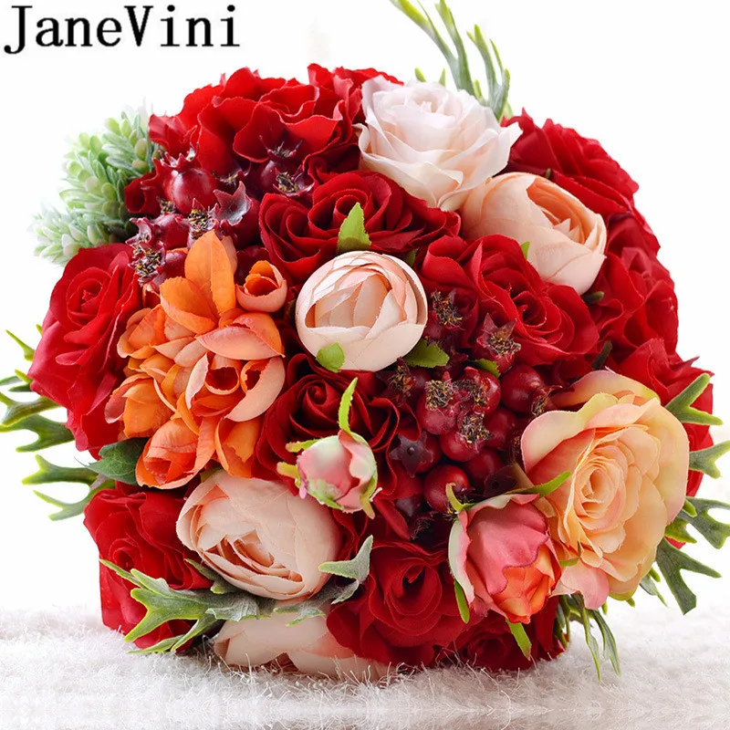JaneVini букет из красных искусственных шелковых цветов для невесты розовых роз