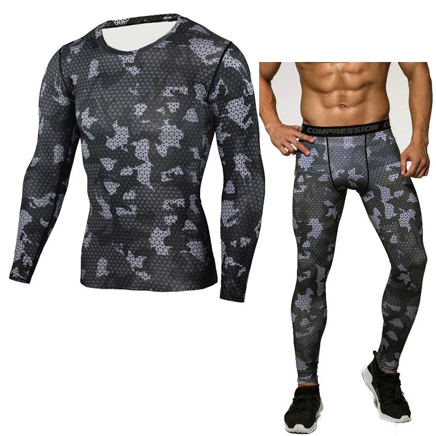 Men's Sport Running Compression Set T-shirt + Pants Skin-tight Long Sleeves Fitness Rashguard MMA Gym Training Clothes