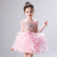 elegant appliques shoulderless flower girl dress baby infant birthday party princess prom dress kids children tutu mesh gowns