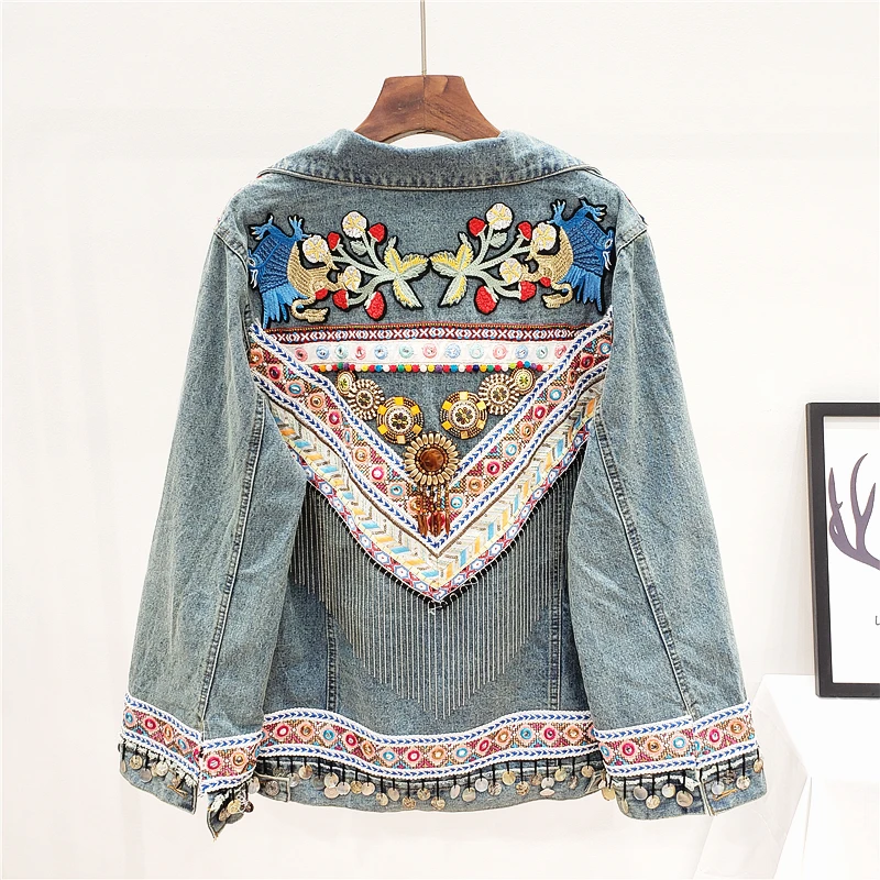 

Boho джинсовая куртка Женская Осенняя винтажная Этническая аппликация вышитые бусины с кисточками Свободное пальто Верхняя одежда с длинным...