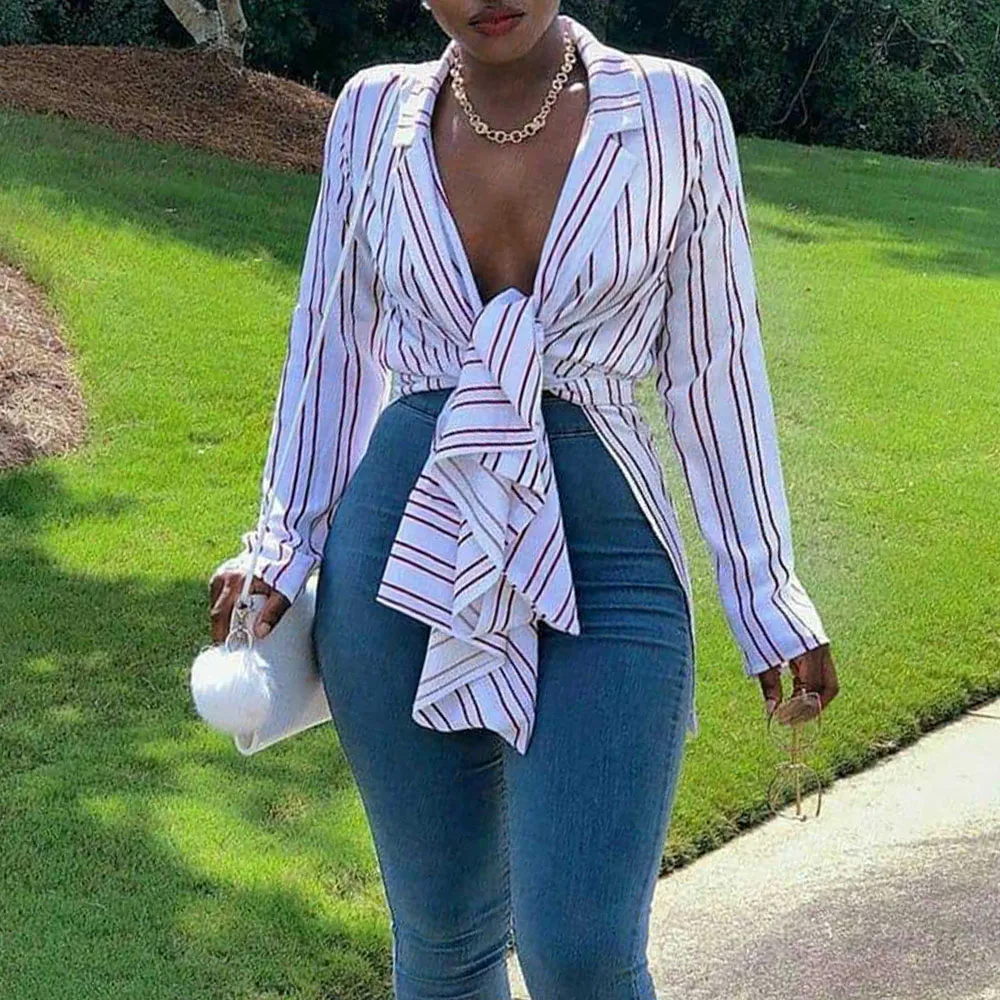 

Сексуальный глубокий вырез полосатая Блуза женская летняя обувь на лето и весну шик повязки на шнуровке женские рубашки топы 2021 новый компл...