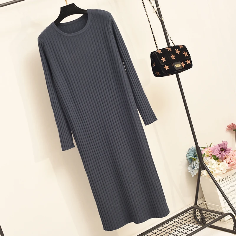 

Autumn Winter Oversized Long Straight Dress Women Knit Maxi Dress O Neck Knit Ribbed Basic Midi Pullover Sweater Dresses
