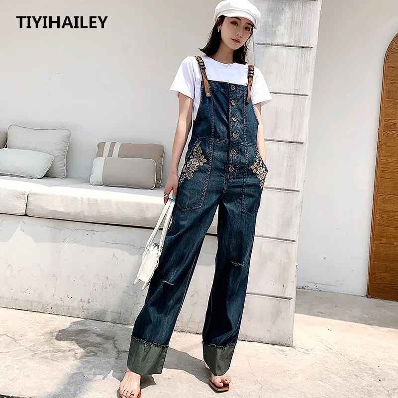 TIYIHAILEY Free Shipping Sleeveless Women Wide Leg Denim Embroidery Jumpsuit And Rompers S-XL Thin Summer Trousers With Pockets