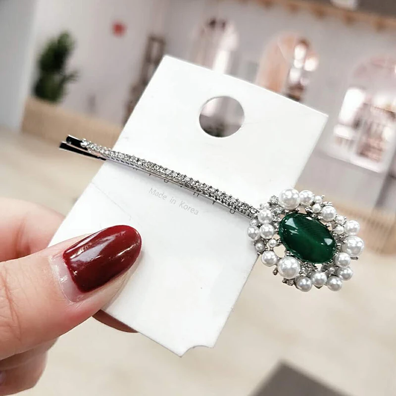 Hot Elegant Luxury Hair Clips Green Stone Rhinestone Hairclips for Women Vintage Pearl Barrettes Girls Headwear Accessories | Украшения и