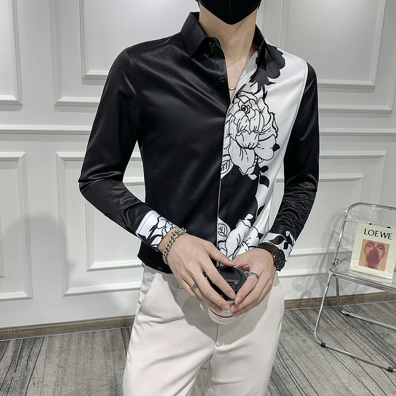 Masculina Fashion Patchwork Color Digital Print Long Sleeve Shirt Men Clothing Simple Slim Casual Chemise Homme Plus size 5XL