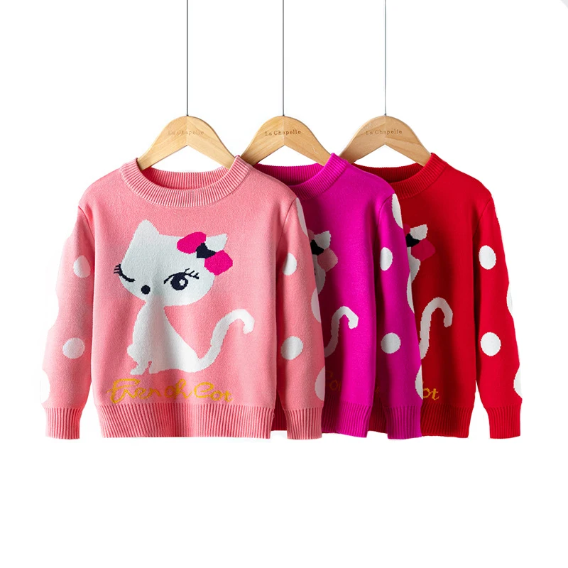 

Свитер для девочек, зимний плотный вязаный шерстяной свитер с мультяшным котом для девочек, одежда для малышей, подарок на день рождения