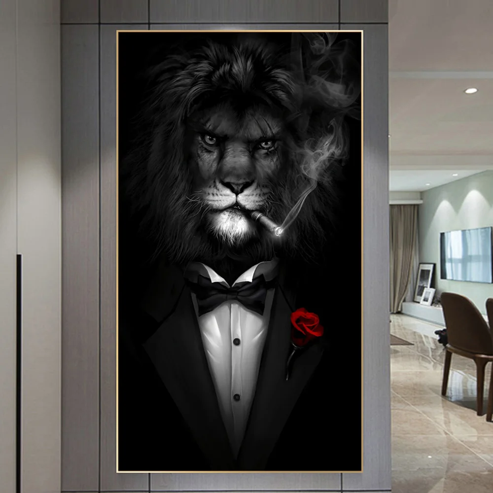 Картина на холсте "Курящий черный лев в костюме" - искусство на стену, постер и печать с изображением животных для украшения гостиной.