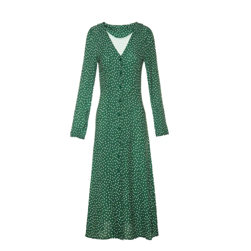 

2020 Spring And Summer New Style Dark Green Polka Dot Printed Mid-length Chiffon Dress Single Breasted Slim Fit Wrap Dress Women