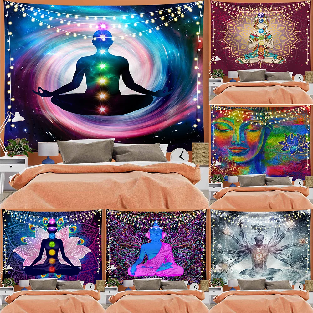 

Indian Buddha Statue Meditation 7 Chakra Tapestry Wall Hanging Mandala Tapestries Wall Cloth Psychedelic Yoga Wall Hanging