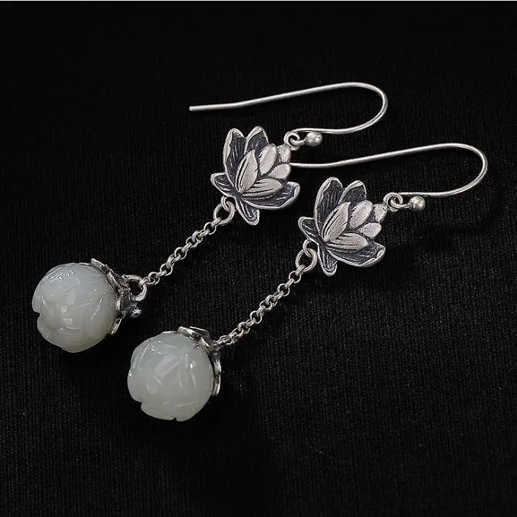 Original natural Hetian white jade lotus long earrings Chinese retro light luxury charm women's brand silver jewelry