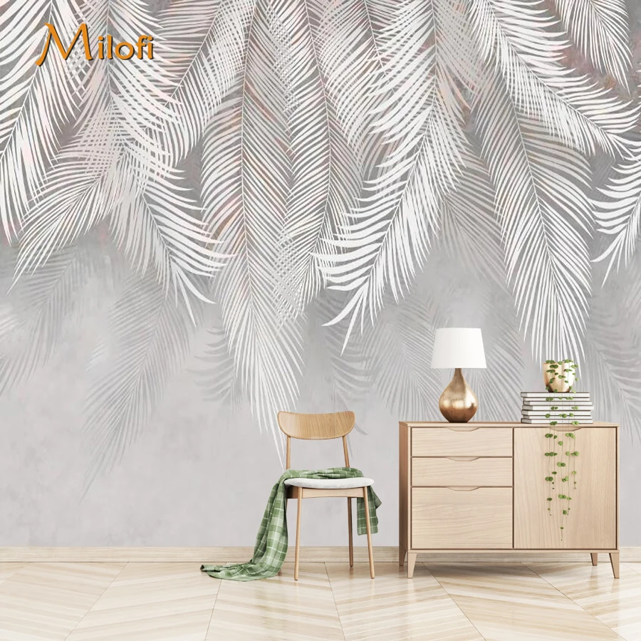 

Custom 3D self-adhesive wallpaper hand-painted retro plant leaf word wallpaper living room home decoration mural wall covering