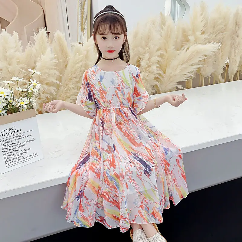 

New 2021 Summer Kids Princess Dress for Girls Short Sleeve Printing Dresses Cute Children Elegant Birthday Party Costume D666
