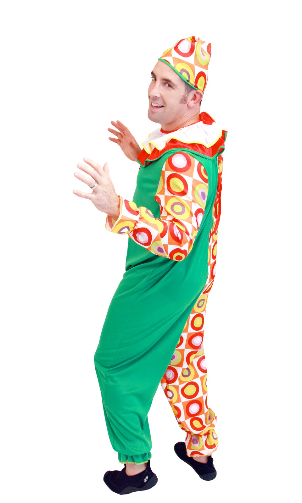 

Women Men Amusing Funny Clown Jumpsuit Hat Outfit Halloween Cosplay Costumes Masquerade Carnival Party Role Play Dress Up Suit