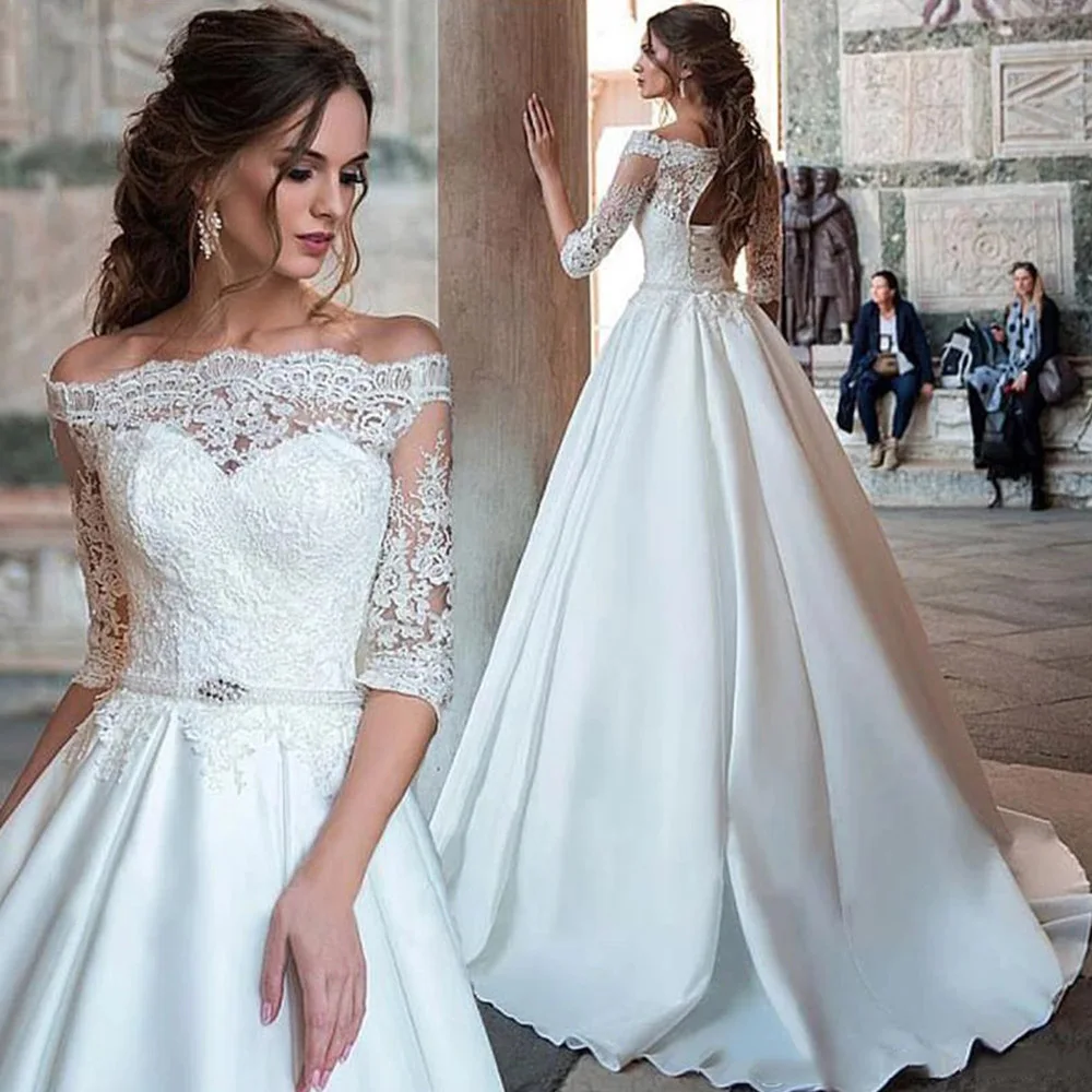 

Princess Wedding Dresses Satin Lace Off The Shoulder Half Sleevs Bride Dresses Lace Up Back Wedding Ball Gown Vestido de novia