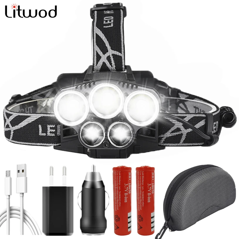

Powerful 5 Led Headlight Headlamp Micro USB Rechargeable 18650 Battery Head Flashlight Lamp Torch White & Blue Light for Fishing