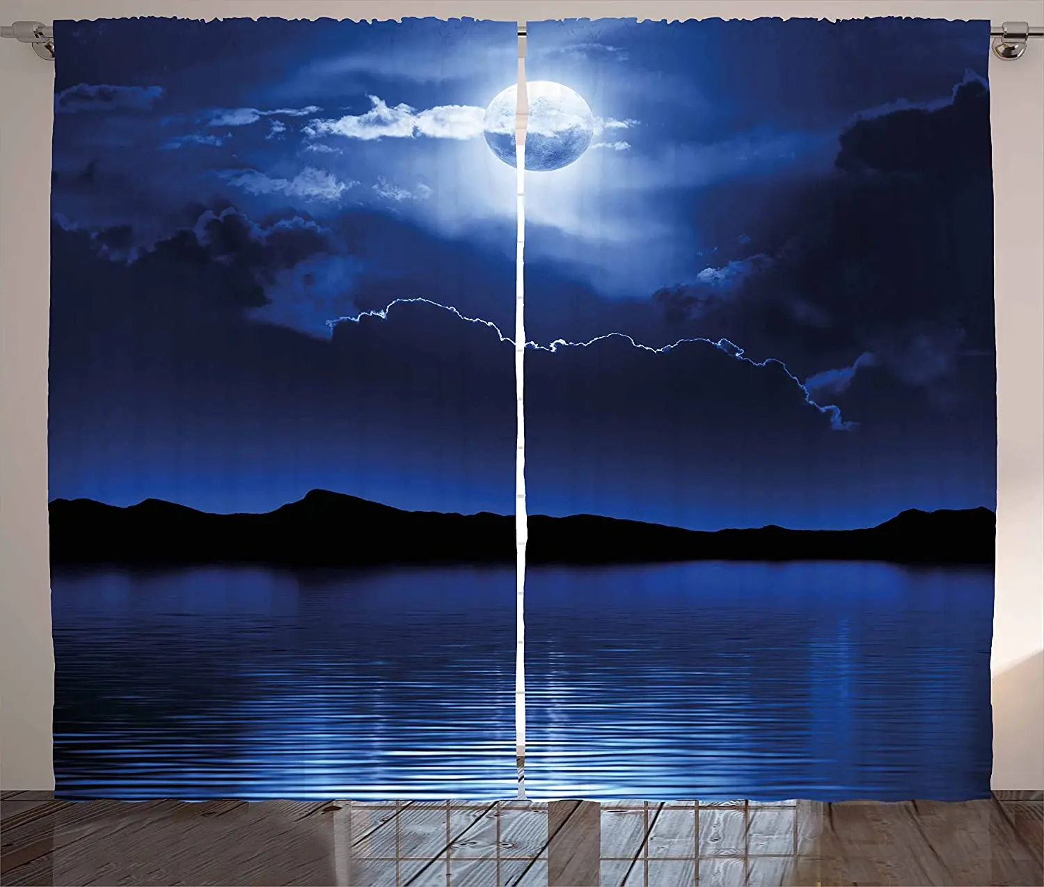 

Night Blackout Curtains Fantasy Moon and Clouds Over Calm Water Seascape Dramatic Cloudy Dark Sky Window Curtain