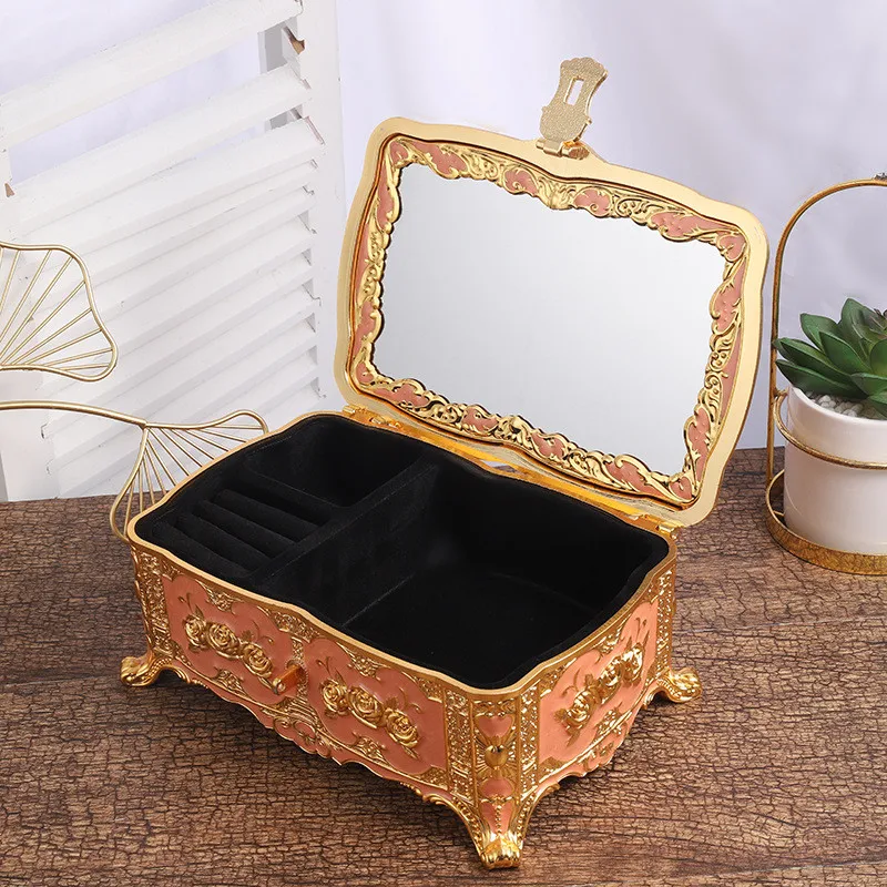 Creative Rectangular Jewelry Storage Box With Mirror European-style Finish Organizer Jewelry Decorative Ring Necklace Bracelet