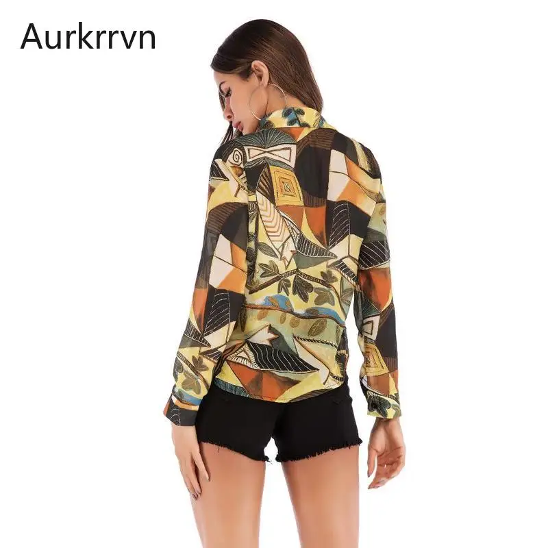 

Aurkrrvn Autumn Chiffon Shirt Womens Vintage Oil Painting Women Blouse Turn-down Collar Print Shirts Female Casual OL Tops