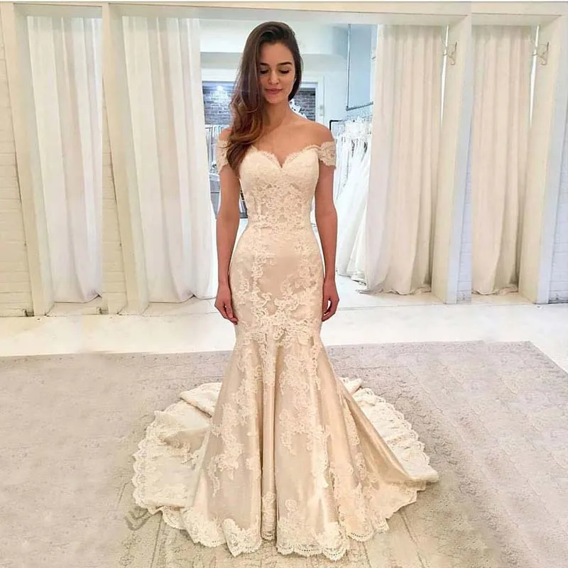 

Latest Exquisite Lace Mermaid Bridal Wedding Dresses Off Shoulder Sleeves Sweetheart Wedding Gowns for Bride Appliqued On Sale