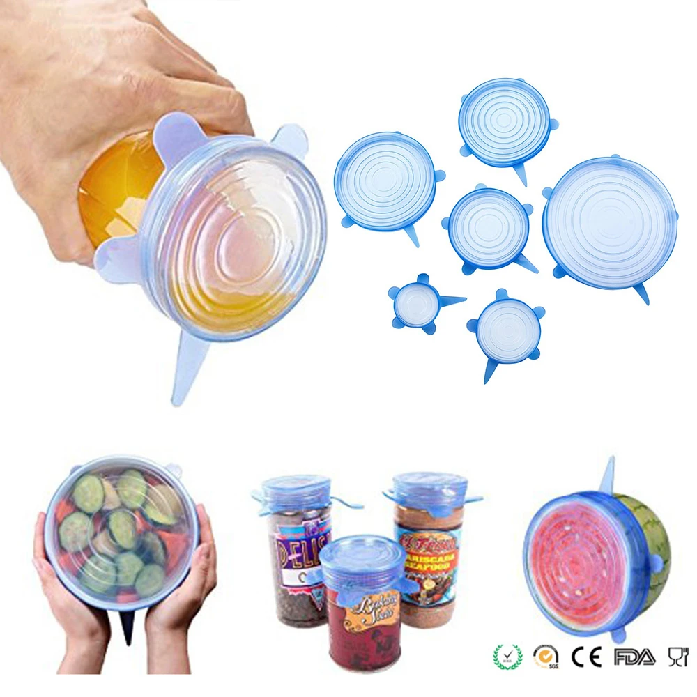 

Universal 6pcs Kitchen Silicone Lid Stretch Lids Cover for Coffee Mugs Cups Containers Reusable Airtight Food Wrap Seal Covers