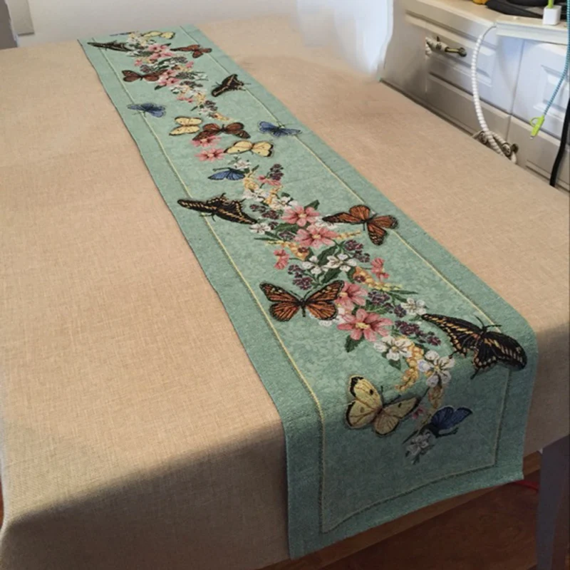 

Vintage Butterfly and Flower Rustic Table Runner Jacquard Dining Green Table Flag Home Wedding Decoration