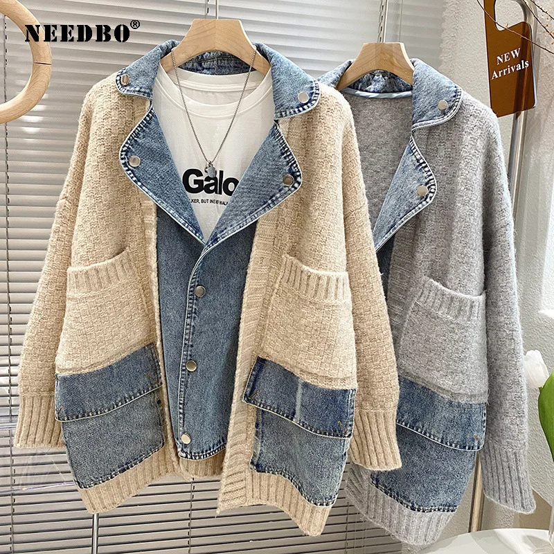 

NEEDBO Fashion Stitching Womens Denim Jacket Loose Sweater Cardigan Top Fast Delivery New Spring Fashion Women Clothes