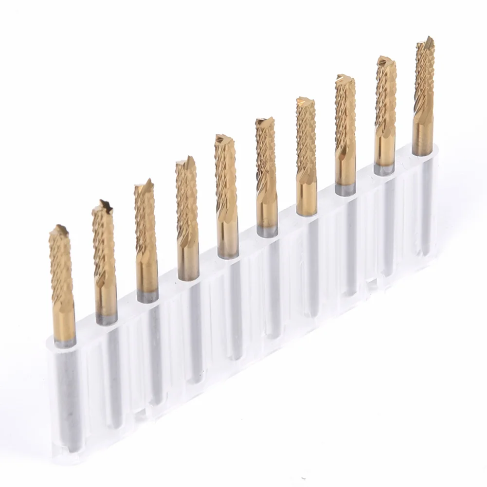 

10PCS 1/8 Inch Shank Carbide End Mill Engraving Bits Titanium Coated CNC PCB Engraving Bits For Circuit Boards Metal Plastics