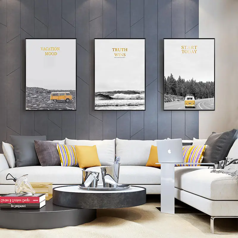 Путешествия желтый автобус море природный пейзаж Северный плакат печать